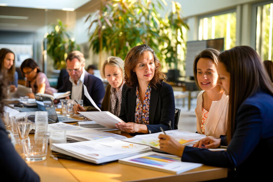 Diverse group of employees, adult women and man professionals deeply engaged in strategic business planning and market analysis in a contemporary lifestyle office setting