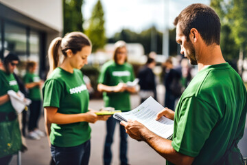Volunteers employee in green shirts distribute flyers and collect signatures for environmental action campaign outdoors.Concept company involvement in ecology initiatives and corporate sustainability