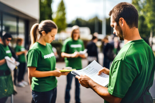 Volunteers employee in green shirts distribute flyers and collect signatures for environmental action campaign outdoors.Concept company involvement in ecology initiatives and corporate sustainability