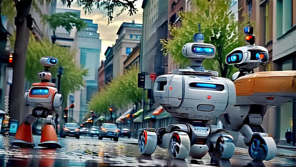 Poster a futuristic scene featuring advanced robots navigating a modern urban cityscape. perfect for themes