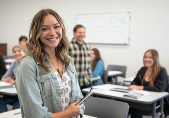 Fototapeta premium Smiling teacher is standing in front of the classroom, with students sitting at their desks and taking notes