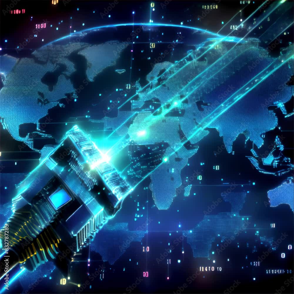 Poster a futuristic digital image showing a plug connecting to a world map, symbolizing global connectivity