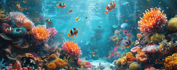 Underwater reef with colorful anemones and clownfish, clear water, realistic style, highresolution photography, lively and detailed,