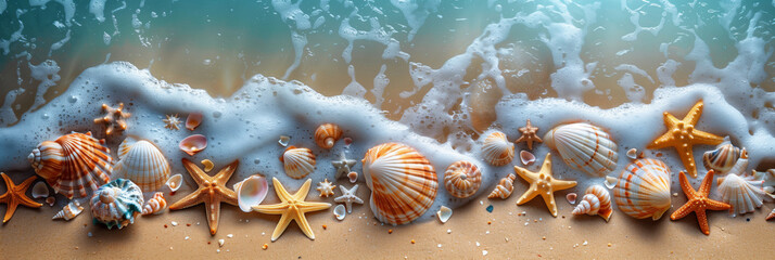Summer vacation background, seashells and starfish on the beach, top view