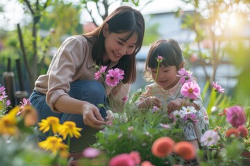 Obraz premium asian family mother and her daughter gardening together planting flowers, watering plants and taking care of garden