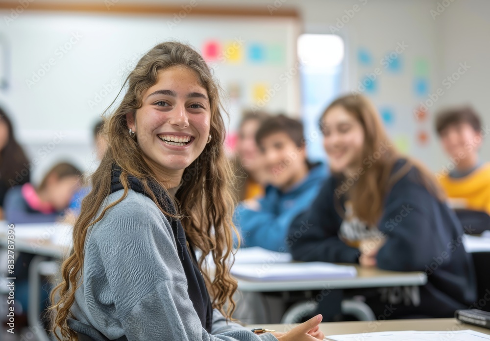 Wall mural Smiling teacher is standing in front of the classroom, with students sitting at their desks and taking notes