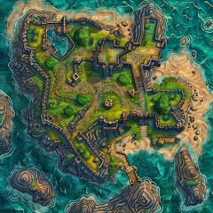 Naklejka premium island Battlemap DnD,RPG Map for Dungeons and Dragons, Sea,game background, place for battle