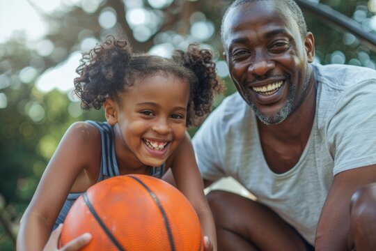 Father's Day. diverse black father and child playing basketball outside on playground closeup portrait. African american dad and daughter  in summer doing sports.