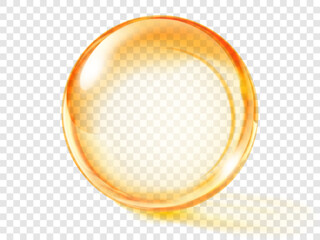 Large translucent colored sphere in orange colors with glares and shadow on transparent background. Vector illustration for design projects and creative works
