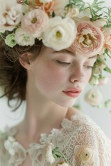 Naklejka premium beautiful caucasian brunette model with ranunculus flower crown on her head, face beauty closeup portrait. Bridal wedding fashion vertical shot.