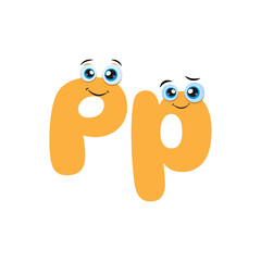 Funny alphabet character. Cute Yellow Letter P with eyes Isolated on white background. Symbol from the kids alphabet.