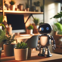 Miniature robot with metallic design at a wooden desk surrounded with green plants. Modern technologies. Artificial Intelligence concept