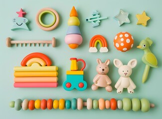 Obraz premium Baby toys set on pastel green background, wooden colorfull educational toy for baby development and play with child