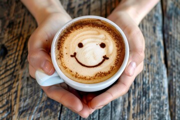 Top view of woman s hands holding coffee cup with joyful smiley face doodled on foam