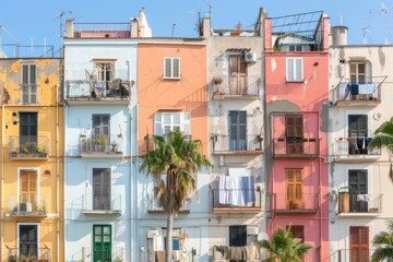 Fototapeta premium Tourist destination colorful city candy buildings South America architecture old houses palms art home exterior facade town streets historic exploration warm tropical county tourism aesthetic