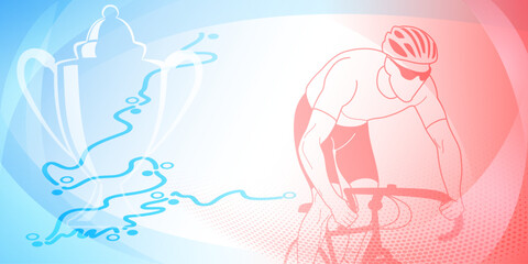 Cycling themed background in the colors of the national flag of France, with sport symbols such as an athlete cyclist, cup and a bike race route, as well as abstract curves and dots