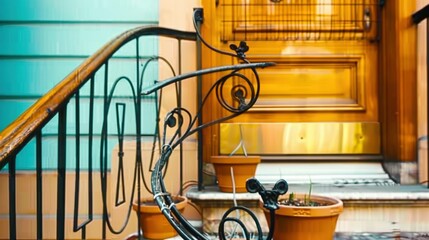   Stairs with potted plants below and wooden handrail at the bottom