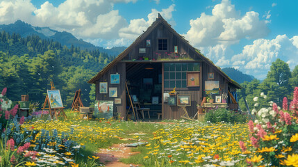 Fototapeta premium Charming Art Studio Surrounded by Wildflowers - Generative AI