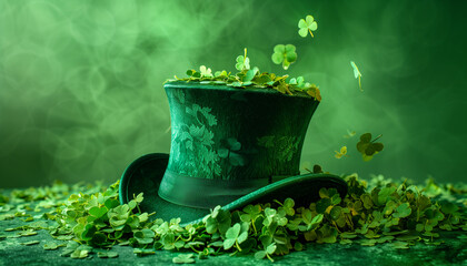 Green top hat with falling green clovers. St. Patrick's Day. Green background with bokeh effect, copy space - Powered by Adobe