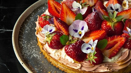   A cake with strawberries and pansies on a silver platter on a black marble table