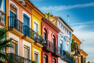 Fototapeta premium Tourist destination colorful city candy buildings South America architecture old houses palms art home exterior facade town streets historic exploration warm tropical county tourism aesthetic