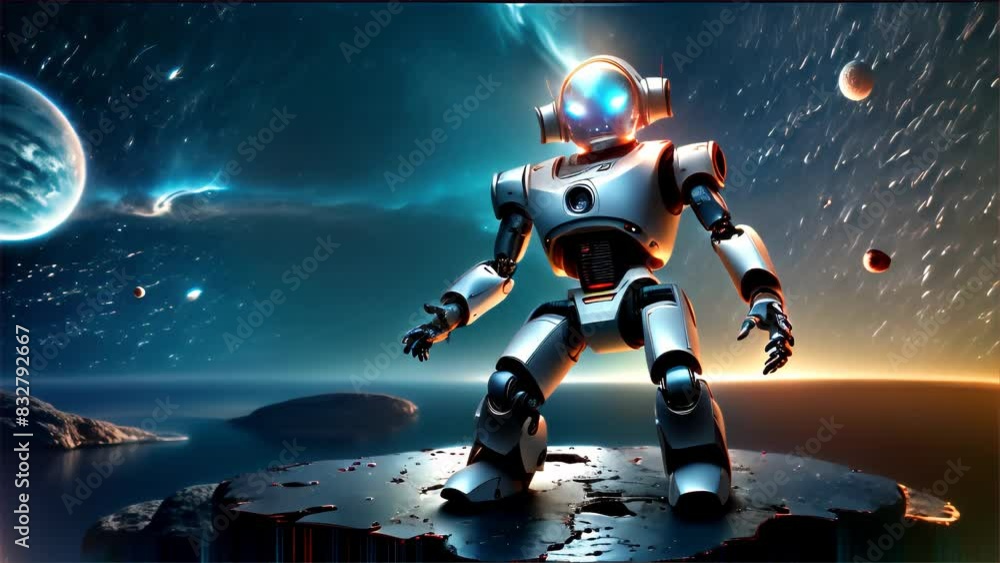 Poster a futuristic robot embarks on interstellar exploration, poised against a backdrop of distant planets
