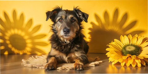 dog with flower Colorful bright yellow wallpaper, a dog is lying and a shadow near it, good mood, background