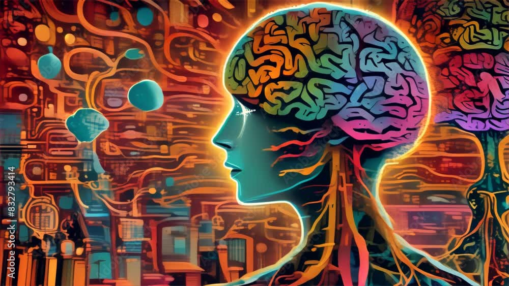 Poster a vivid illustration of a brain with colorful neural pathways, highlighting the complexity and beaut