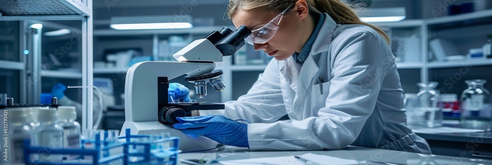 Poster female scientist examining samples with precision microscope in advanced lab setting