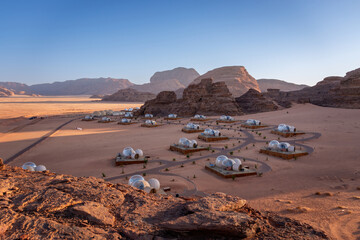 Scenic view of bubble tent camp at Wadi Rum desert in Jordan