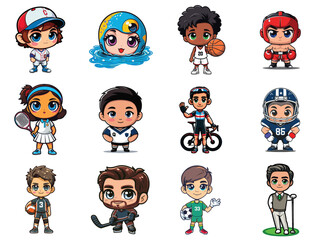 Vector Illustration of 12 Elegant Cartoon Athletes Representing Sports