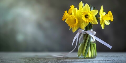 Elegant bouquet of yellow daffodils in glass vase with white ribbon on gray textured surface for spring celebration or Easter decor. Copy space.