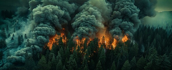 Dramatic wildfire engulfing lush green forest with dark smoke billowing into sky; intense destruction amidst natural landscape; sense urgency, crisis.