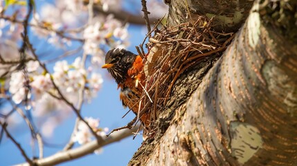   Bird perched on tree branch near blooming tree, blue sky in backdrop