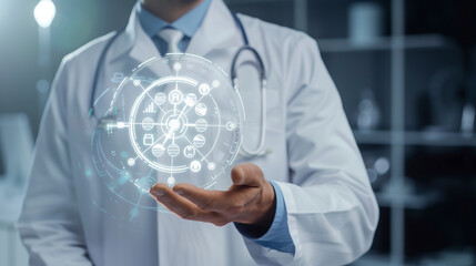 Doctor in a uniform holding service icon of clock