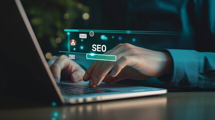 A man makes a search query on a laptop. Holographic effects. SEO concept