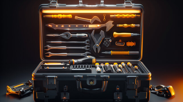 toolbox open with various tools neatly arranged inside