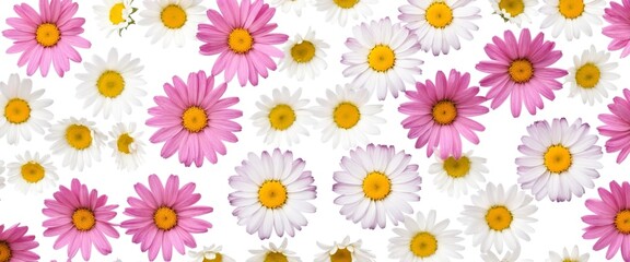 Obraz premium Chamomile flowers collection on white. Set of colorful Chamomile or Daisy flowers background, top view. Floral pattern.