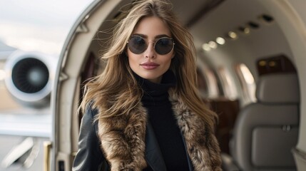 Portrait of beautiful businesswoman in stylish clothes inside luxury jet.