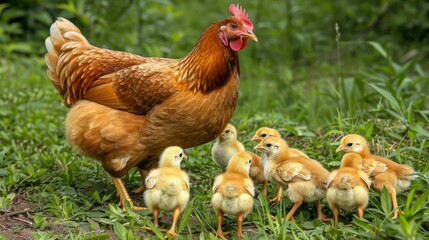 Fototapeta premium Mother hen with adorable baby chicks in a serene and captivating natural environment