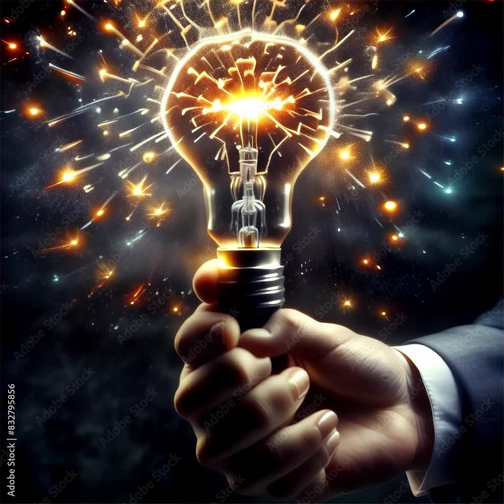 Poster a hand holds a glowing light bulb with sparks flying around, symbolizing innovation and bright ideas