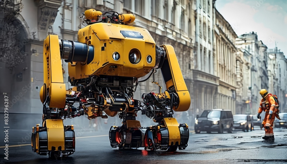 Poster A large, yellow construction robot with multiple arms works on a city street, showcasing heavy-duty robotics in urban development.. AI Generation