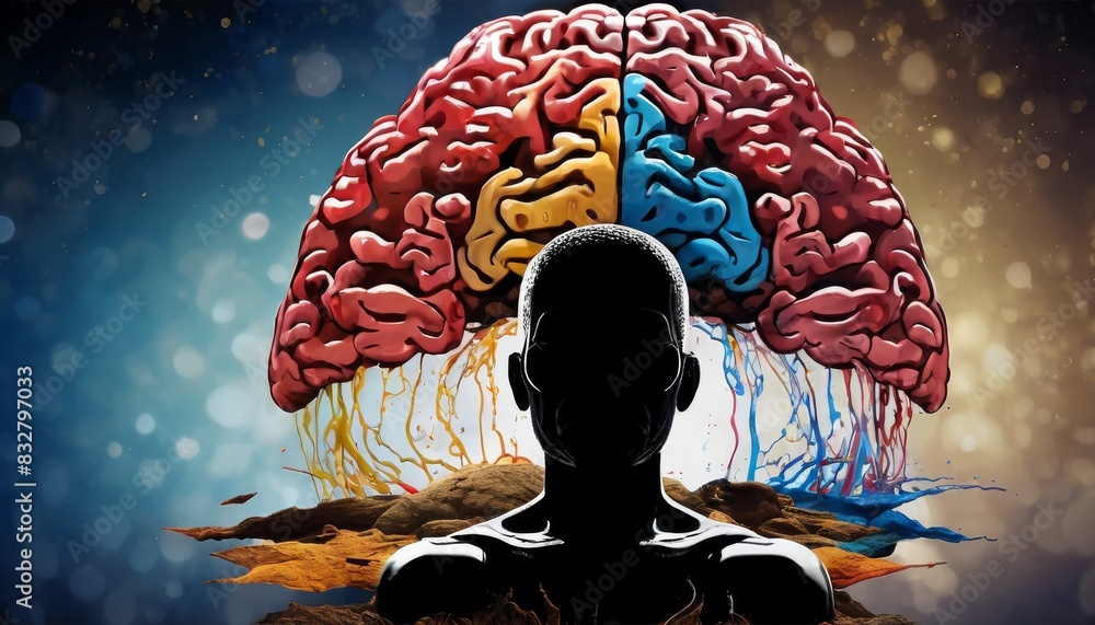 Poster conceptual digital art of a silhouetted man with a colorful, anatomically detailed brain divided int