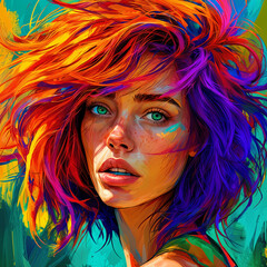Obraz premium A vibrant and colorful portrait of a woman with striking blue eyes, her hair is a mix of red and purple hues, and she has a thoughtful expression on her face.