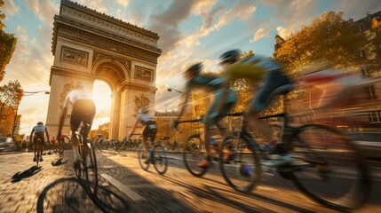 Cyclists racing through the streets of Paris, with iconic landmarks like the Arc de Triomphe in the background, energetic and dynamic