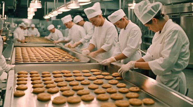 Workers are busy in a biscuit factory whose gleaming machines and conveyor belts carry rows and rows of freshly baked cakes