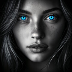 A portrait of a young woman with striking blue eyes and fair skin, set against a dark background that accentuates her features.