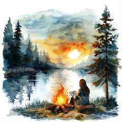 Watercolor bonfire by the river, lake