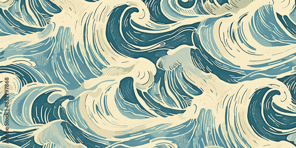 Wall mural An illustrated pattern of ocean waves in the style of Japanese