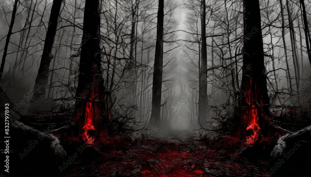 Poster a shadowy forest path lit by an ominous red glow under a foggy, surreal atmosphere, with bare trees 